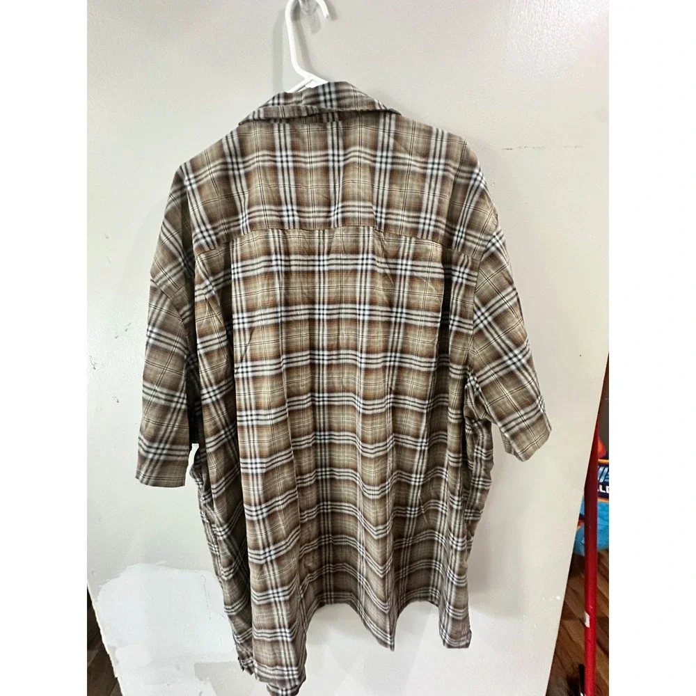 Mutual Weave Mens 5XLT Plaid Short Sleeve Button Down Shirt Brown Tan Stretch